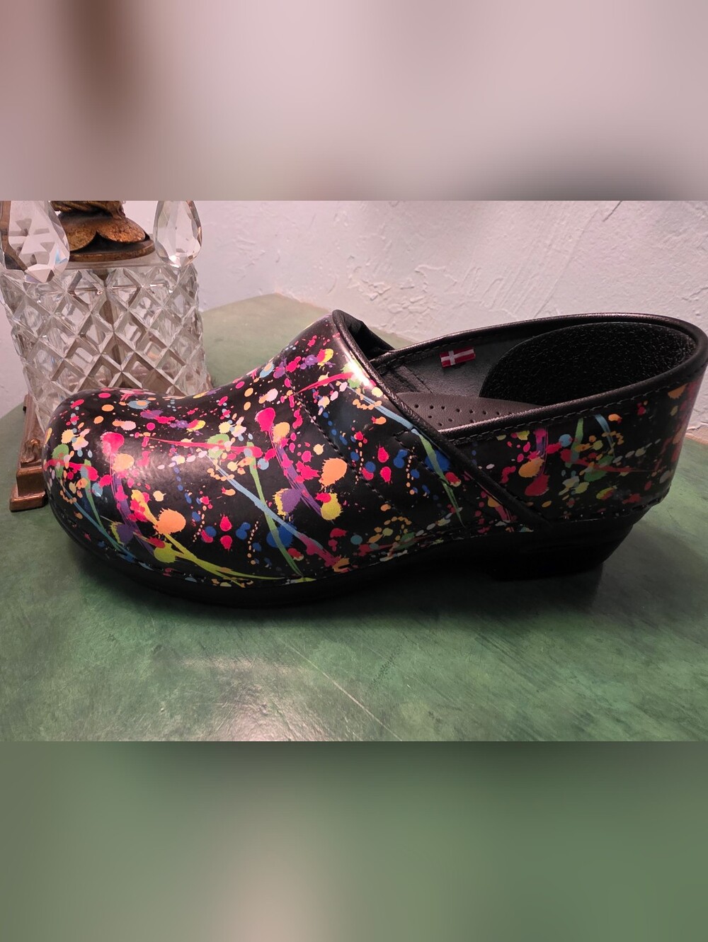 Black Paint-Splatter Sanita Clog with Neon Accents Size 41 (US Size 10)